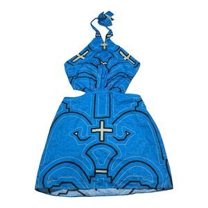 Blue Halter Printed Mini Back Tie Cutout Maja Dress
